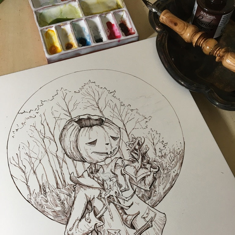 PEN AND INK ILLUSTRATION WITH WATERCOLOR